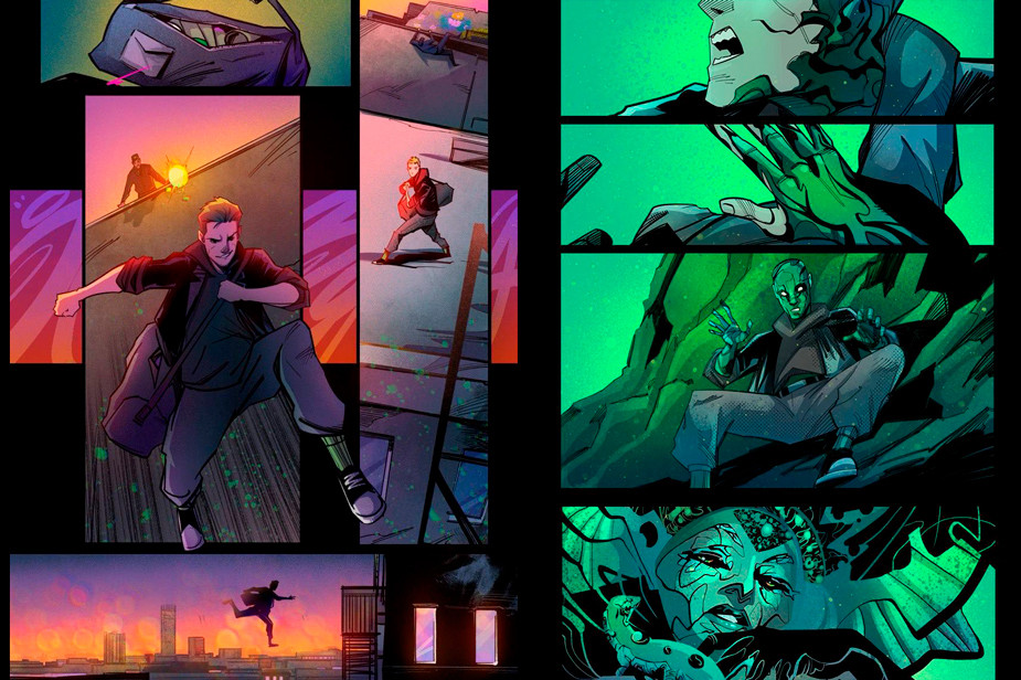 Фрагменты комикса «Малахит»: герой на улицах Екатеринбурга, становление Малахита