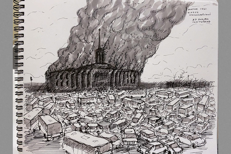 Abandoned cars and buses in the station forecourt