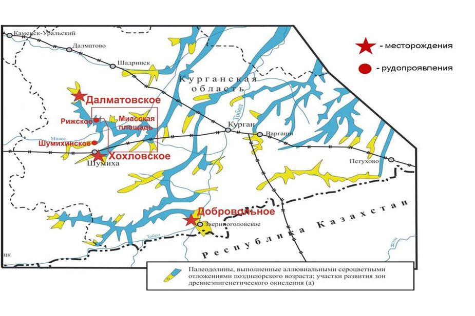 Схема расположения урановых месторождений в Курганской области