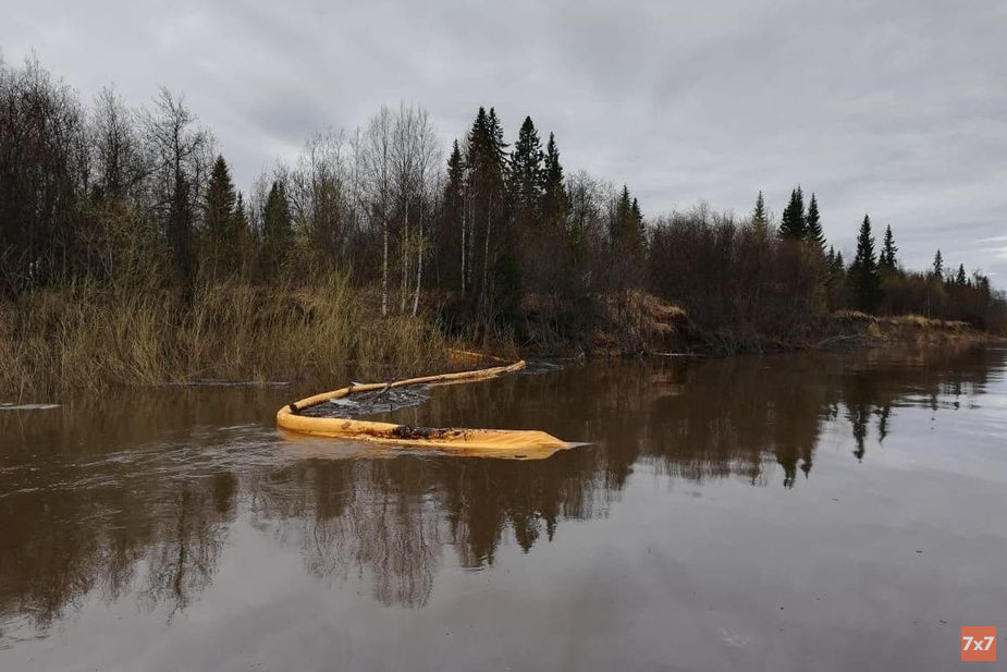 Сбор нефти в устье реки Колвы, утро 16 мая 2021 года