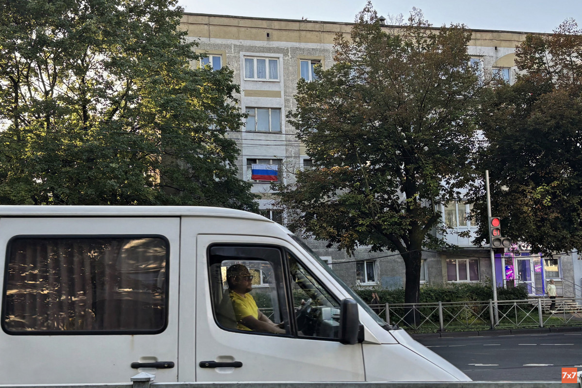 Russian flags hang from the windows of some homes in Kaliningrad
