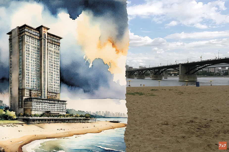 Коллаж нейросети «Генерач» и фото пляжа «Наутилус» Лики Романовой / Яндекс Карты