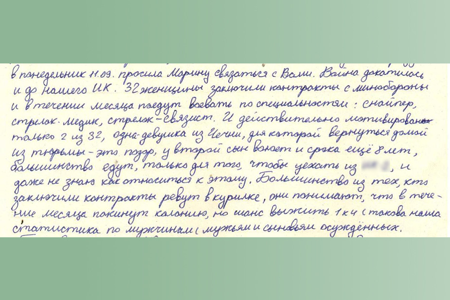 Отрывок письма заключенной о предположительной вербовке женщин из колонии на войну