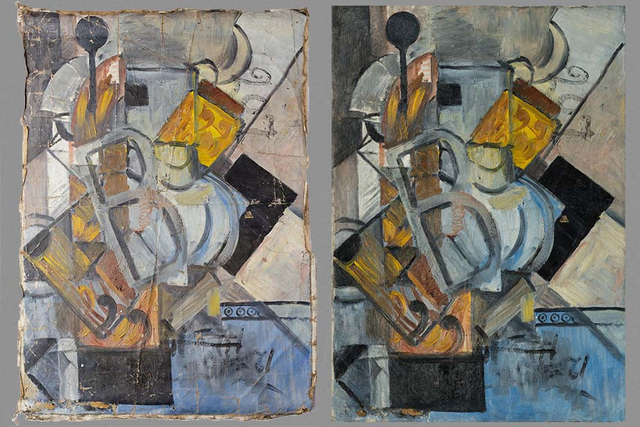 Оборотная сторона картины Алексея Моргунова «Композиция» до и после реставрации