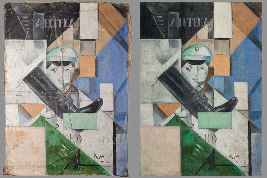 Лицевая сторона картины Алексея Моргунова «Композиция» до и после реставрации