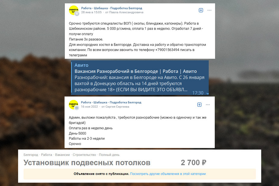 Скриншоты объявлений в соцсетях «ВКонтакте» о поиске рабочих для строительства оборонительных сооружений. Внизу — пример измененной публикации на «Авито». Ранее по ссылке была вакансия рабочего на окопы