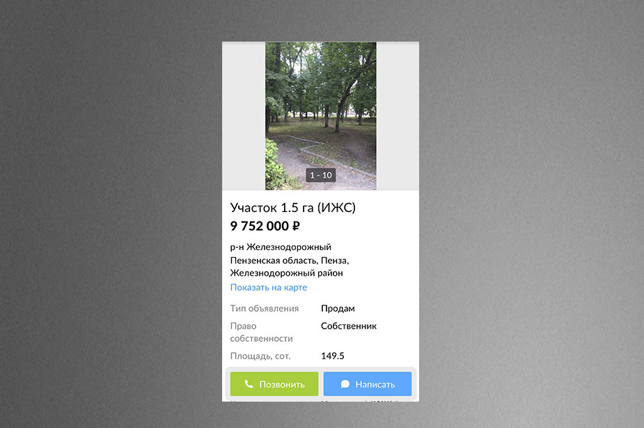 Скрин объявления о продаже пензенского гайд-парка на сайте «Авито»